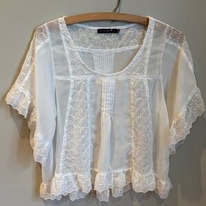 Living Doll Sheer White Cropped Blouse with Lace and Stitch accents